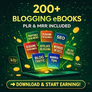 May include: A digital graphic promoting blogging ebooks. The image features a laptop with several book covers labeled "Blogging for Beginners," "SEO," and "Blog Traffic." Gold coins and the text "DOWNLOAD & START EARNING!" are also included.