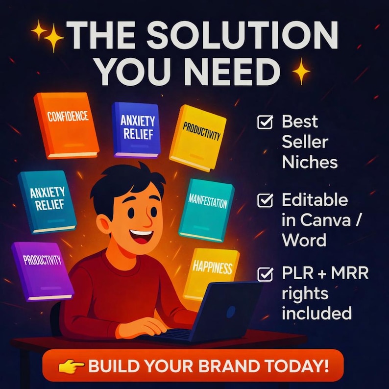 May include: An illustration with the text "THE SOLUTION YOU NEED" and a person using a laptop. Books with titles like "Confidence" and "Productivity" surround the person. The image also includes the text "Best Seller Niches", "Editable in Canva / Word", and "PLR + MRR rights included".
