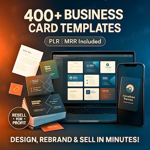 May include: Image showcasing business card templates. The image features a laptop displaying various card designs, a smartphone with a card mockup, and stacks of physical business cards. Text includes "400+ BUSINESS CARD TEMPLATES" and "DESIGN, REBRAND & SELL IN MINUTES!"