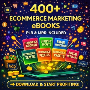Puede incluir: Gráfico promocional de ebooks de marketing de comercio electrónico. La imagen presenta un portátil con monedas de oro, rodeado de iconos y texto: "400+ ECOMMERCE MARKETING EBOOKS" y "DOWNLOAD & START PROFITING!" Los temas incluyen Shopify, marketing por correo electrónico y anuncios en redes sociales.