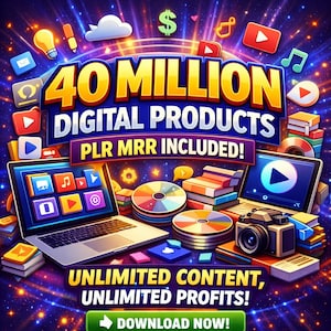Könnte beinhalten: Eine lebendige Grafik, die digitale Produkte bewirbt. Das Bild zeigt den Text "40 MILLION DIGITAL PRODUCTS PLR MRR INCLUDED!" zusammen mit Laptops, CDs und einer Kamera. Der Satz "UNLIMITED CONTENT, UNLIMITED PROFITS!" wird ebenfalls angezeigt.