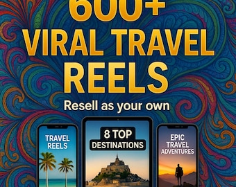 May include: An advertisement for travel reels with the text "600+ VIRAL TRAVEL REELS" in gold lettering. The image includes three devices displaying travel-related content, with the tagline "Resell as your own" below the main text.