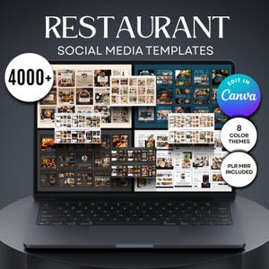 以下が含まれることがあります： レストランのソーシャルメディアテンプレートが表示されたラップトップ。画面には、食品画像を使用した複数のレイアウトが表示されています。「Restaurant Social Media Templates」、「4000+」、「Edit in Canva」、「8 Color Themes」、および「PLR MRR Included」というテキストが含まれています。