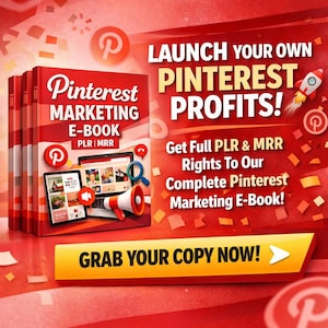 Puede incluir: Imagen promocional para un libro electrónico de marketing de Pinterest. La portada del libro es roja con el título "Pinterest Marketing E-Book" y el logotipo de Pinterest. El texto "¡Lanza tus propios beneficios de Pinterest!" también está presente.