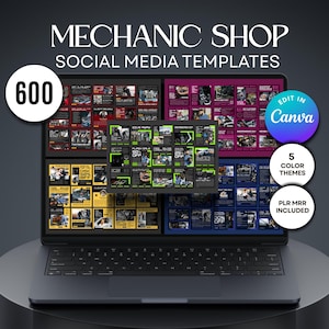 以下が含まれることがあります： 「MECHANIC SHOP SOCIAL MEDIA TEMPLATES」と「EDIT IN Canva」のテキストが表示されたラップトップ。画面には、さまざまな色のソーシャルメディアレイアウトが表示されています。「600」の数字が白い円の中にあり、「5 COLOR THEMES」と「PLR MRR INCLUDED」も表示されています。