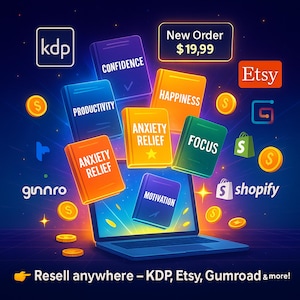 May include: A digital illustration featuring a laptop with books labeled "Confidence", "Productivity", "Happiness", "Anxiety Relief", "Focus", and "Motivation". The image includes Etsy, Shopify, and Gumroad logos, with text "Resell anywhere".