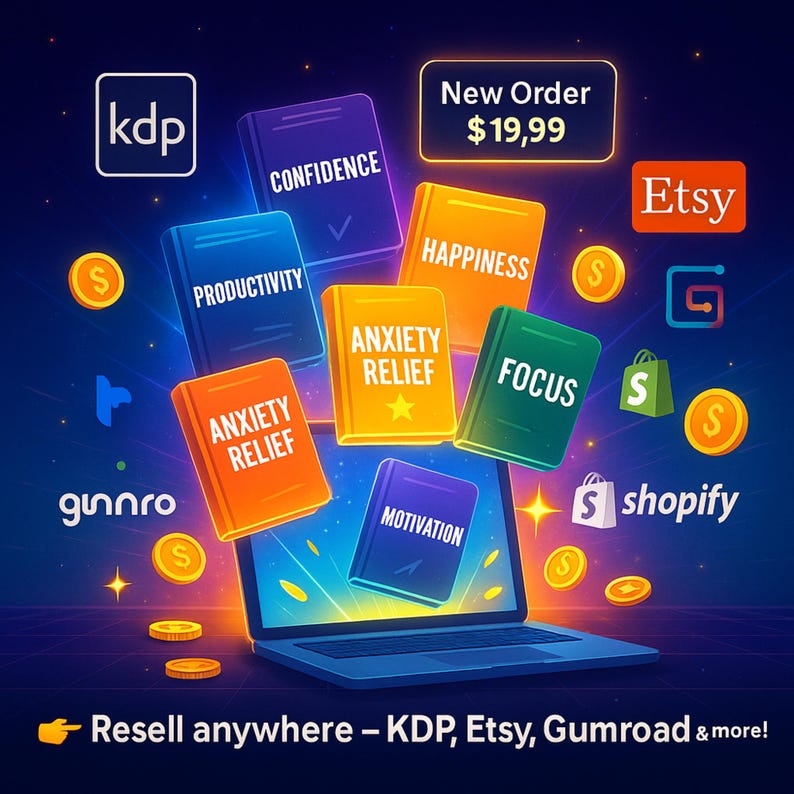 May include: A digital illustration featuring a laptop with books labeled "Confidence", "Productivity", "Happiness", "Anxiety Relief", "Focus", and "Motivation". The image includes Etsy, Shopify, and Gumroad logos, with text "Resell anywhere".