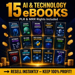 Puede incluir: Una colección digital de 15 libros electrónicos sobre IA y tecnología con derechos PLR y MRR. Las portadas muestran títulos como ChatGPT Mastery, Machine Learning Essentials y Cybersecurity Essentials, sobre un portátil con monedas de oro a los lados.