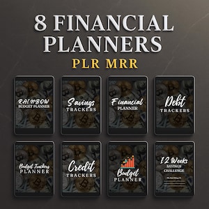 Puede incluir: Ocho plantillas de planificador financiero digital con un fondo oscuro y un diseño de bitcoin. Los títulos incluyen: Planificador de presupuesto arcoíris, Seguimiento de ahorros, Planificador financiero, Seguimiento de deudas, Planificador de seguimiento de presupuesto, Seguimiento de crédito, Planificador de presupuesto y Desafío de ahorro de 12 semanas.