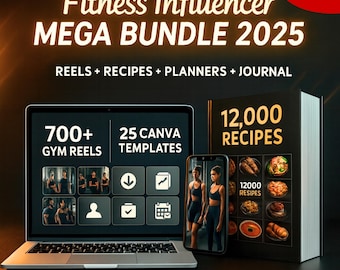 Mega Bundle Fitness Influencer 2025, oltre 700 rulli per palestra, 12.000 ricette, 25 modelli Canva, prodotti PLR, kit aziendale PLR MRR download digitale