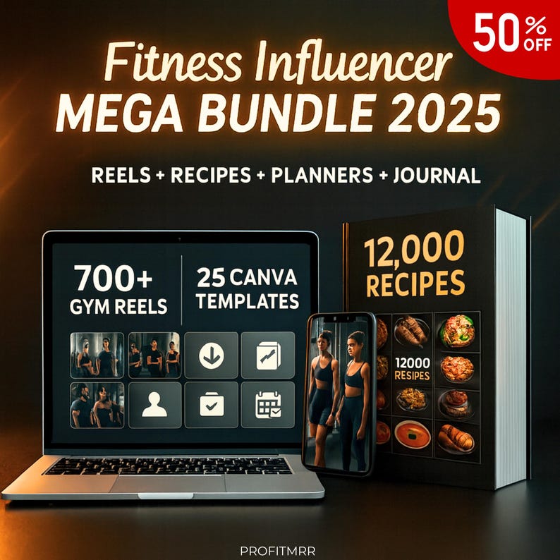 Pu&ograve; includere: Immagine promozionale per un pacchetto fitness. Presenta un laptop che mostra reel di palestra, uno smartphone con modelle fitness e un libro con 12.000 ricette. Il testo include "Fitness Influencer MEGA BUNDLE 2025" e "50% OFF".