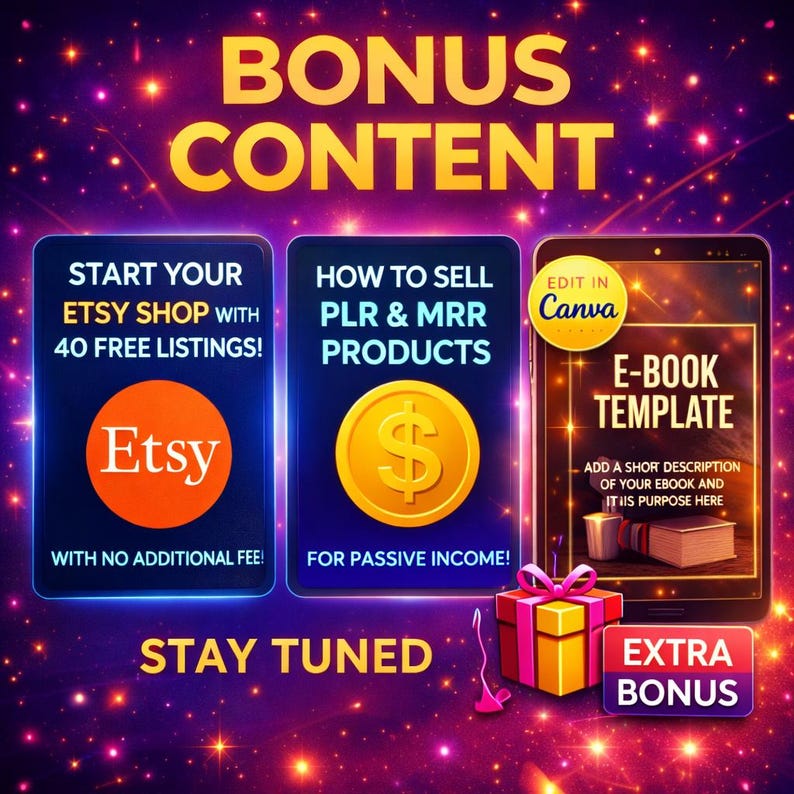 May include: A promotional graphic with a purple and gold theme. It features text about Etsy, PLR & MRR products, and an e-book template. The image includes the Etsy logo, a dollar sign, and a gift box with the words "Extra Bonus".
