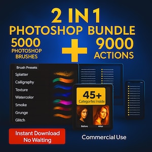 Może przedstawiać: Reklama pakietu sztuki cyfrowej z tekstem "2 IN 1 PHOTOSHOP BUNDLE" i "5000 PHOTOSHOP BRUSHES + 9000 ACTIONS." Obraz zawiera przykłady ustawień wstępnych pędzli, tabletu, laptopa i smartfona. Obecne są również teksty "Instant Download No Waiting" i "Commercial Use".