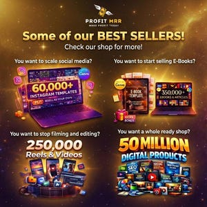 May include: Promotional image with the text "PROFIT MRR" and "Some of our BEST SELLERS!". It showcases digital products, including Instagram templates, e-books, reels, and digital products. The image uses a gold and purple color scheme.