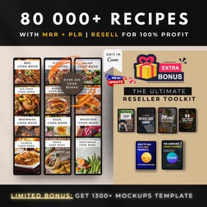 以下が含まれることがあります： 「80 000+ RECIPES」と「RESELL FOR 100% PROFIT」のテキストが入ったデジタル製品の画像。バーベキュー、ピザ、サラダなどのさまざまな料理本の表紙が含まれています。また、再販業者向けのツールキットも含まれています。