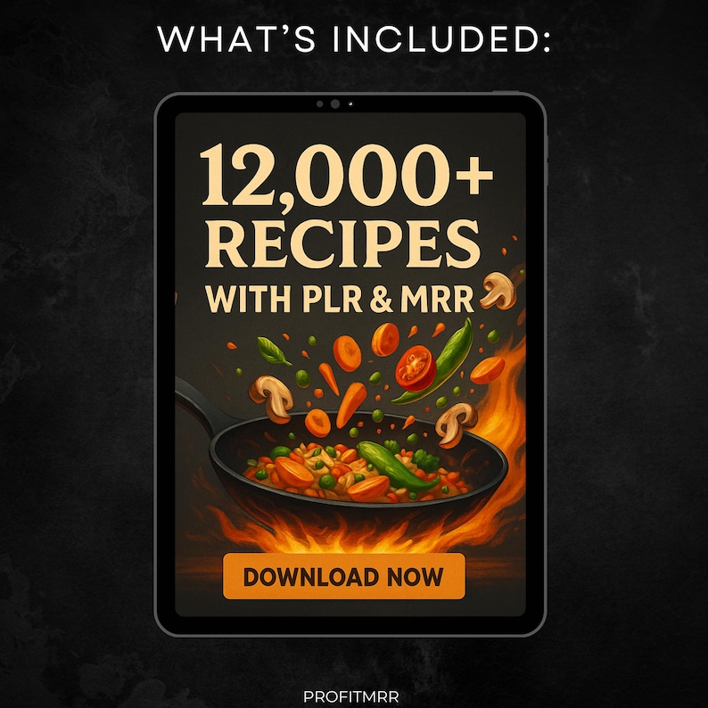 Pu&ograve; includere: Un tablet digitale mostra il testo "12.000+ RICETTE CON PLR & MRR" sopra un'illustrazione colorata di verdure che cuociono in una padella. Il tablet presenta anche un pulsante "SCARICA ORA". Le parole "COSA &Egrave; INCLUSO:" sono in alto.