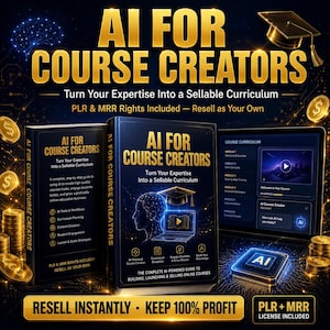 May include: A digital product bundle titled AI FOR COURSE CREATORS featuring two book covers and a laptop screen displaying a course curriculum. The design includes gold text, a graduation cap icon, and gold coins on a dark background with circuit patterns.