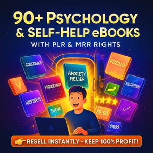 Puede incluir: Ilustración que promociona eBooks de psicología y autoayuda. La imagen muestra a una persona usando una laptop, rodeada de bloques coloridos con palabras como "Confianza" y "Alivio de la ansiedad". El texto incluye "¡Revende al instante - ¡Conserva el 100% de las ganancias!"