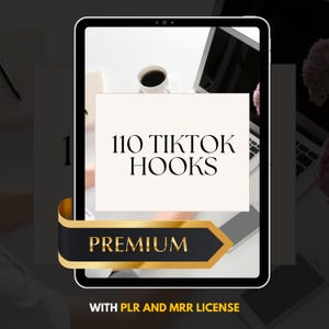 Könnte beinhalten: Ein weißer Laptop-Bildschirm mit dem Text "110 TikTok Hooks Premium with PLR and MRR License". Der Laptop steht auf einem weißen Schreibtisch mit einer Tasse Kaffee.