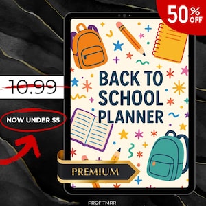 Puede incluir: Un planificador digital de regreso a clases en una tableta. El diseño presenta ilustraciones coloridas de mochilas, lápices, estrellas y un cuaderno. El texto "BACK TO SCHOOL PLANNER" se muestra de forma destacada. Una pancarta dice "PREMIUM".