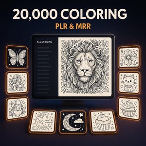 Può includere: Opera d'arte digitale con un tablet che mostra un'illustrazione di un leone con dettagli floreali. Il testo recita "20.000 COLORING PLR & MRR". Vari disegni quadrati da colorare circondano il tablet, tra cui una farfalla, fiori e un gatto.