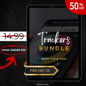 May include: A digital tablet displaying a financial tracker app interface. The screen shows a pie chart with expense percentages and the words "Trackers Bundle." A red arrow points to the text "NOW UNDER $10." A banner reads "PREMIUM."