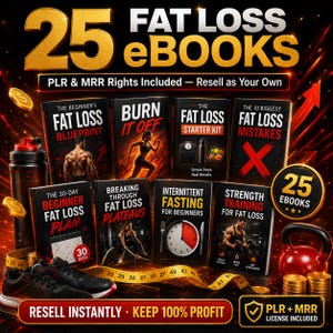 May include: A collection of 25 fat loss eBooks featuring titles like The Beginner's Fat Loss Blueprint, Burn It Off, and Intermittent Fasting for Beginners. The set includes PLR and MRR rights, a black water bottle, a red kettlebell, and a yellow measuring tape.