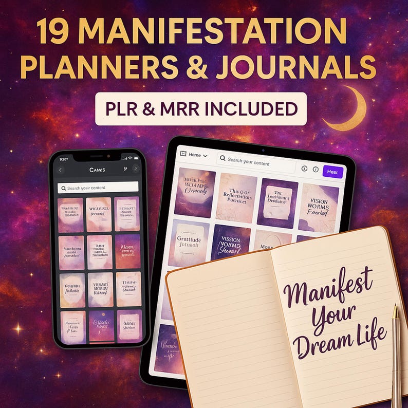 May include: An open notebook with the text "Manifest Your Dream Life" next to a tablet and a smartphone displaying planner and journal covers. The image also includes the text "19 Manifestation Planners & Journals" and "PLR & MRR INCLUDED".
