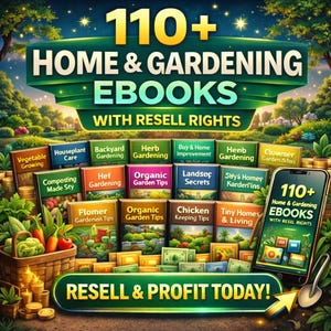 Può includere: Grafica digitale che promuove oltre 110 eBook su casa e giardinaggio con diritti di rivendita. L'immagine presenta una lussureggiante scena di giardino con copertine di libri su argomenti come la coltivazione di ortaggi, la coltivazione di erbe aromatiche e il compostaggio.