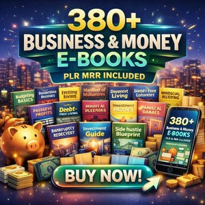 Op de afbeelding: Een promotieafbeelding voor e-books over zaken en geld. De afbeelding toont een stapel boeken, een spaarvarken, contant geld en een smartphone met de tekst "380+ Business & Money E-Books". De tekst "BUY NOW!" is prominent aanwezig.