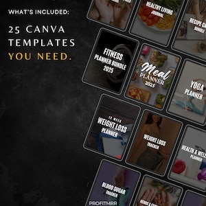 Pu&ograve; includere: Una raccolta di modelli di pianificatori digitali per la salute e il benessere, tra cui tracker di fitness, pasti e perdita di peso. L'immagine presenta vari modelli con testo come "Fitness Planner Bundle 2025" e "Weight Loss Planner."