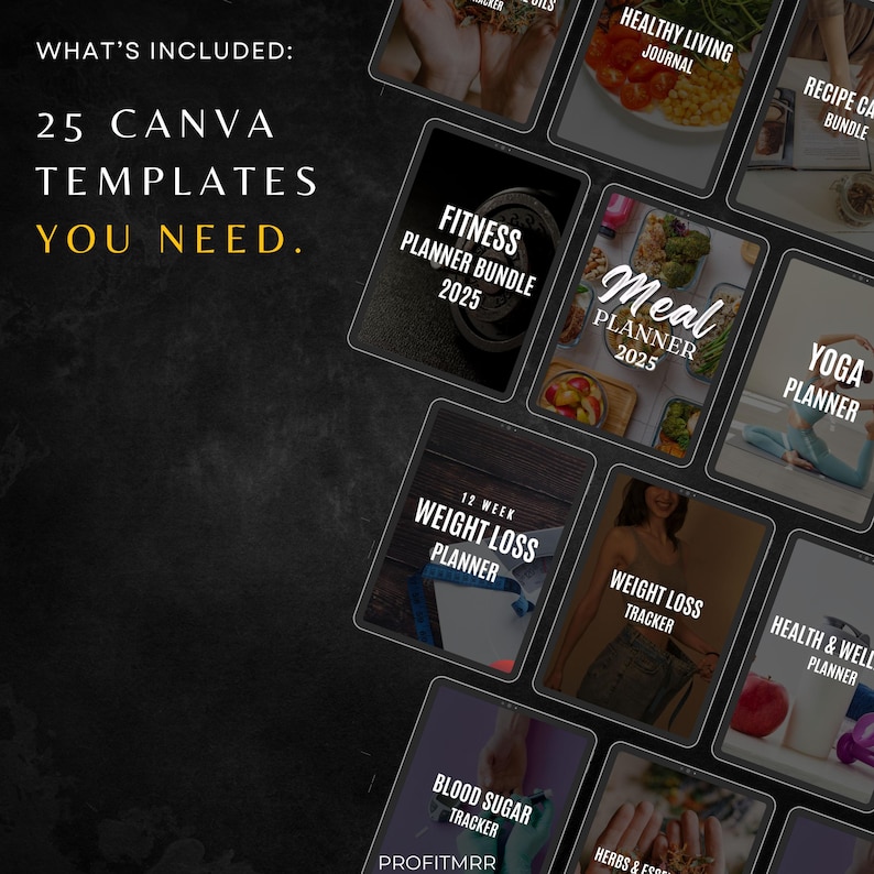 Pu&ograve; includere: Una raccolta di modelli di pianificatori digitali per la salute e il benessere, tra cui tracker di fitness, pasti e perdita di peso. L'immagine presenta vari modelli con testo come "Fitness Planner Bundle 2025" e "Weight Loss Planner."