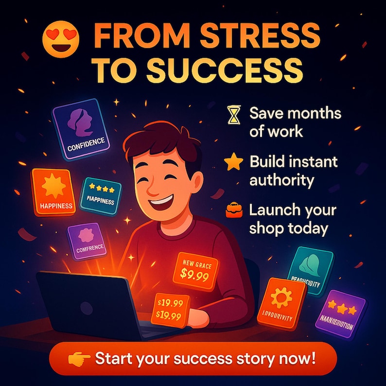 May include: An illustrated graphic with the text "FROM STRESS TO SUCCESS." A smiling person is using a laptop, surrounded by icons labeled "Confidence," "Happiness," and "Launch your shop today." The call to action reads, "Start your success story now!"