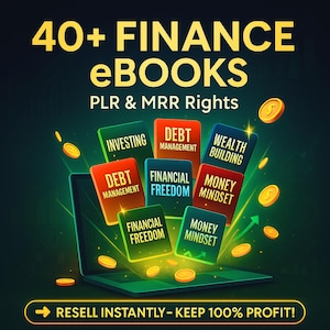 Puede incluir: Anuncio de más de 40 eBooks de finanzas con derechos PLR y MRR. La imagen presenta un portátil con bloques de colores etiquetados como "Inversión", "Gestión de la deuda", "Creación de riqueza", "Libertad financiera" y "Mentalidad de dinero". También se incluyen monedas de oro y el texto "¡Revende al instante - Consigue el 100% de beneficio!"