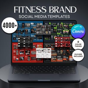 May include: A laptop displays fitness-themed social media templates. The screen showcases various layouts with images and text, including the words "FITNESS BRAND" and "SOCIAL MEDIA TEMPLATES". Additional text includes "4000+", "8 COLOR THEMES", and "PLR MRR INCLUDED".