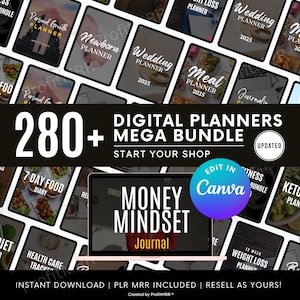 Puede incluir: Un mega paquete de planificadores digitales con más de 280 planificadores, incluyendo planificadores de crecimiento personal, bodas y comidas. La imagen presenta un portátil con un "Money Mindset Journal" y el logo de Canva. El texto dice "Instant Download | PLR MRR Included | Resell as Yours!"