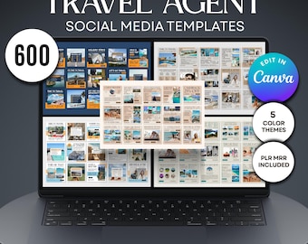 May include: A laptop displaying travel-themed social media templates. The screen shows various layouts with images and text, including "Holiday Stays" and "25% OFF." The image includes the text "TRAVEL AGENT SOCIAL MEDIA TEMPLATES," "600," "EDIT IN Canva," "5 COLOR THEMES," and "PLR MRR INCLUDED."