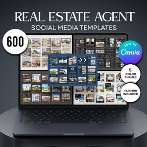 Könnte beinhalten: Ein Laptop zeigt Social-Media-Vorlagen für Immobilien. Der Bildschirm zeigt verschiedene Layouts mit Bildern von Häusern und Text. Das Bild enthält den Text "REAL ESTATE AGENT" und "SOCIAL MEDIA TEMPLATES". Ein Kreis zeigt die Zahl "600".