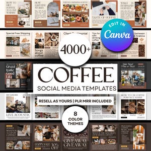Könnte beinhalten: Eine Sammlung von Social-Media-Vorlagen zum Thema Kaffee. Die Vorlagen behandeln verschiedene Themen, darunter Kaffeerezepte, Gesundheitstipps und Fakten über Kaffee. Das Design verwendet ein dunkelbraunes und weißes Farbschema mit dem Text "COFFEE SOCIAL MEDIA TEMPLATES".