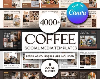 PLR MRR 4000+ Plantillas de publicaciones de Instagram para salas de café Plantillas de redes sociales Contenido UGC de barista Plantillas de Canva Publicaciones de cafetería de productos Cafetería