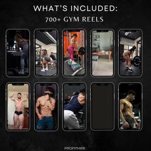 Pu&ograve; includere: Uno sfondo scuro con il testo "WHAT'S INCLUDED: 700+ GYM REELS". L'immagine mostra dieci smartphone, ognuno dei quali mostra diverse scene di allenamento in palestra. Le scene includono sollevamento pesi, flessioni e pose. La parte inferiore dell'immagine mostra il testo "PROFITMRR".