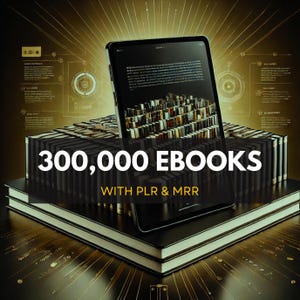 Può includere: Un tablet digitale che mostra una libreria piena di libri, con il testo "300.000 EBOOKS CON PLR & MRR" su uno stendardo nero davanti a una pila di libri.
