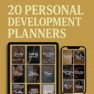 Peut inclure: Une illustration numérique de 20 couvertures de planificateurs différentes. Les couvertures sont affichées sur deux appareils, une tablette et un smartphone. Les couvertures présentent une variété de thèmes, notamment la tenue d'un journal, le soin de soi, la manifestation et la planification de la vie.
