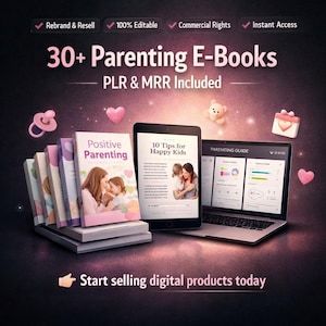 May include: An advertisement for digital parenting resources. The image features a stack of books, a tablet, and a laptop displaying parenting guides. Text includes "30+ Parenting E-Books" and "Start selling digital products today."