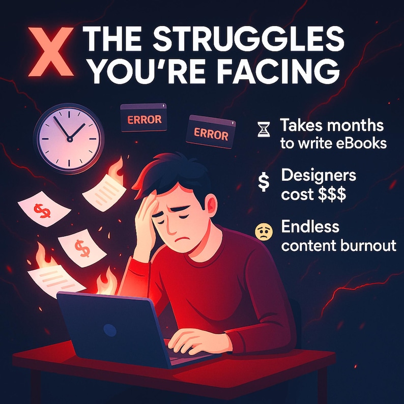 May include: An illustration depicts a person looking stressed while working on a laptop. The image includes text that reads "The Struggles You're Facing," with additional text highlighting challenges like writing eBooks, designer costs, and burnout. A clock, error messages, and burning money are also shown.