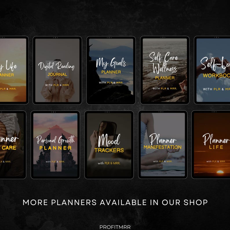 May include: A collection of digital planners displayed on tablets. The planners cover topics such as daily life, digital reading, goals, self-care, self-love, personal growth, mood tracking, manifestation, and life. The text "MORE PLANNERS AVAILABLE IN OUR SHOP" is also visible.