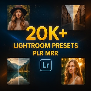 Peut inclure: Image avec le texte "20K+ LIGHTROOM PRESETS PLR MRR" en lettres dorées. L'image comprend quatre petites images, deux de personnes et deux de paysages, avec un effet avant et après. Un logo Lightroom est également présent.