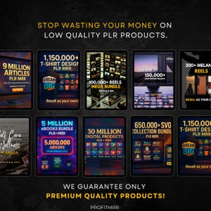 May include: A promotional image showcasing various digital product bundles, including articles, t-shirt designs, reels, and ebooks. Each bundle is displayed on a tablet with text highlighting the quantity and features. The image promotes premium quality products.