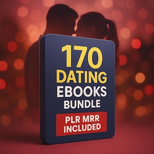 Può includere: Un pacchetto di ebook blu scuro con il testo "170 DATING EBOOKS BUNDLE" in giallo e bianco. Le parole "PLR MRR INCLUDED" sono in un rettangolo rosso. Coppia silhouette sullo sfondo.