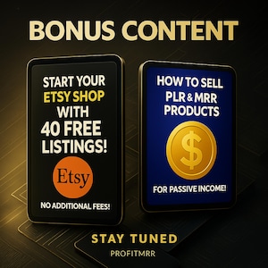 Pu&ograve; includere: Immagine promozionale con consigli per negozi Etsy. Due schermi digitali mostrano il testo: "Inizia il tuo negozio Etsy con 40 annunci gratuiti!" e "Come vendere prodotti PLR e MRR per un reddito passivo!" Il logo Etsy &egrave; arancione.